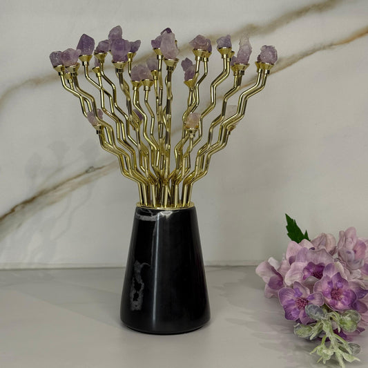 Modern Gemstone Decor With Gold-Plated Branches and Ceramic Stand