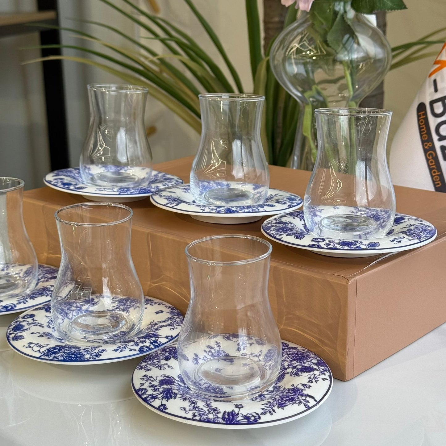 Elegant Blue Floral Saucer Tea Glass Set