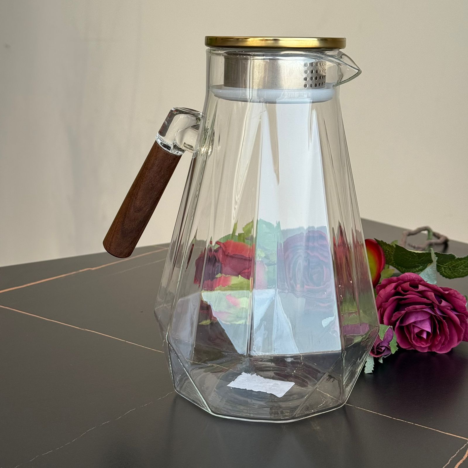 Elegant Diamond-Pattern Glass Pitcher with Wooden Handle - mbazar.co ...