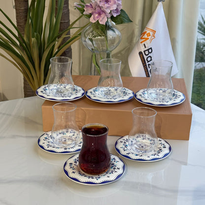 Blue Floral Saucer Tea Glass Set
