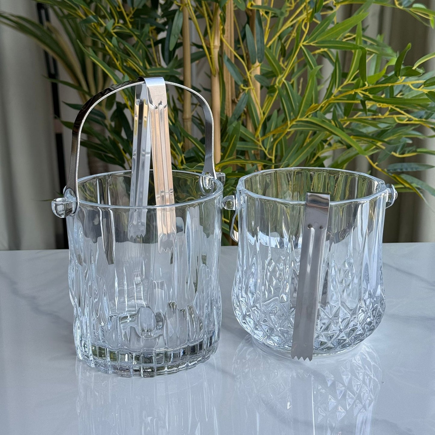 Classic Cut Glass Ice Bucket with Metal Handle & Tongs