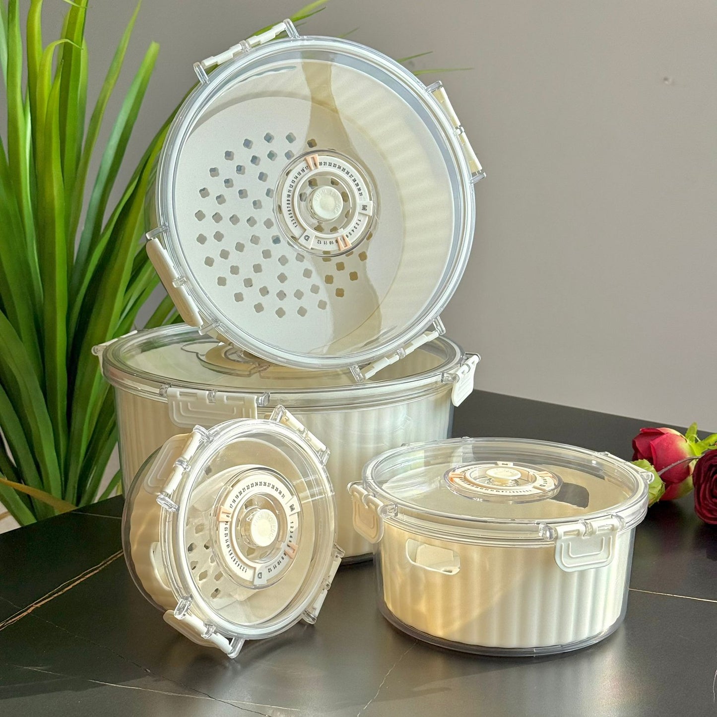 Airtight Round Food Storage Container With Date Dial - Set Of 4