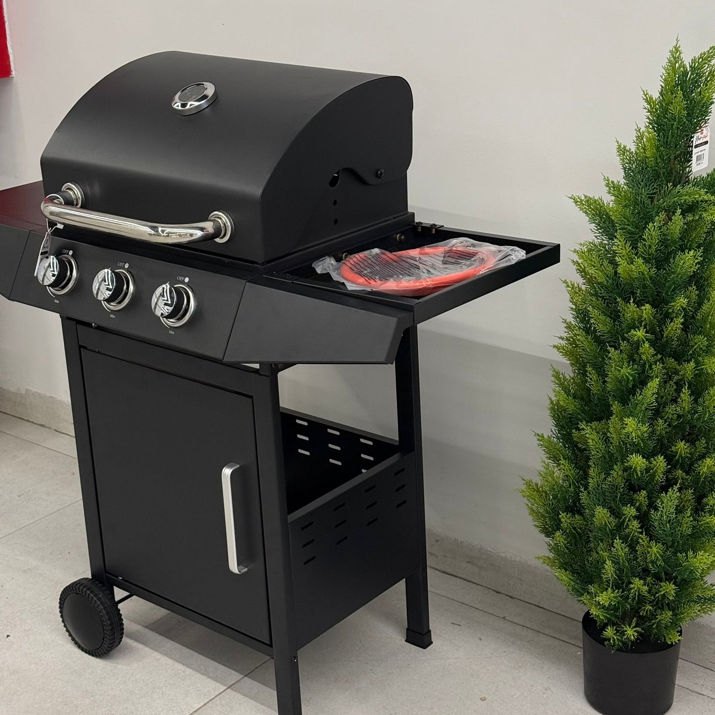 Gas BBQ Grill with Side Shelves & Storage Cabinet