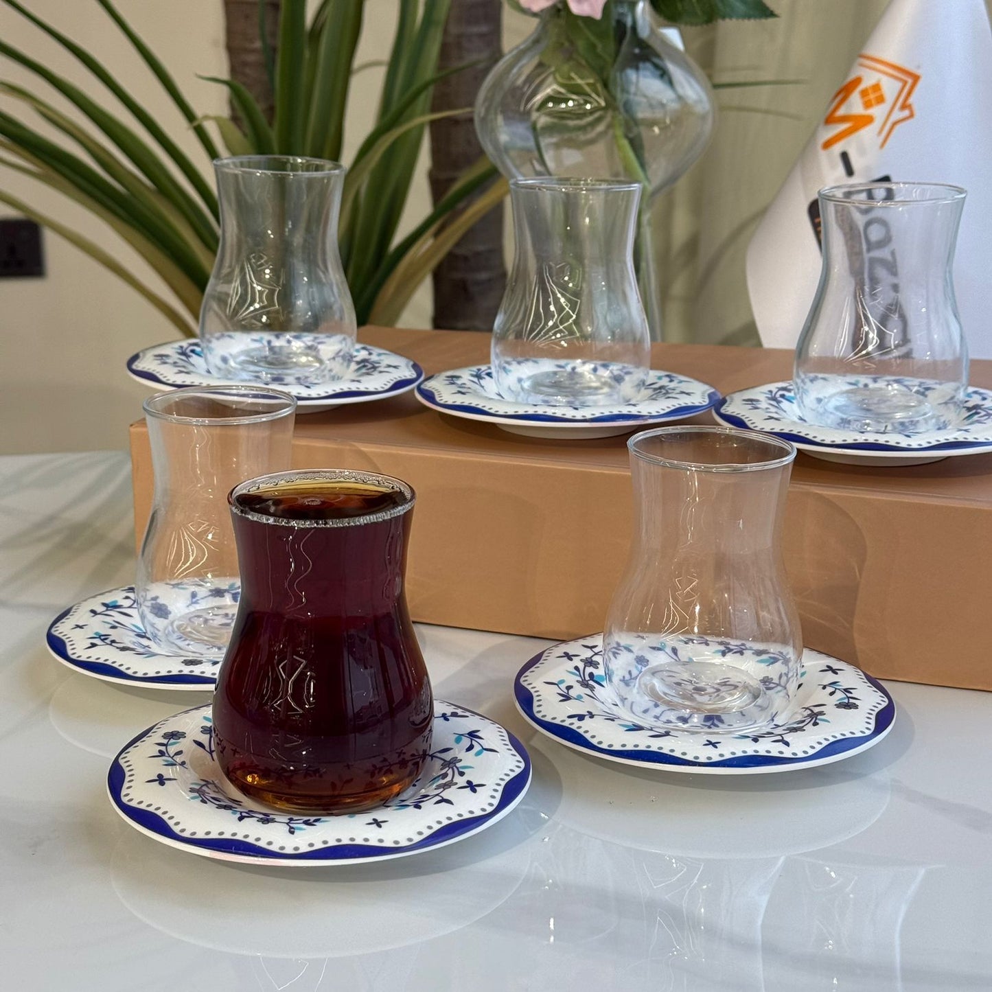 Blue Floral Saucer Tea Glass Set