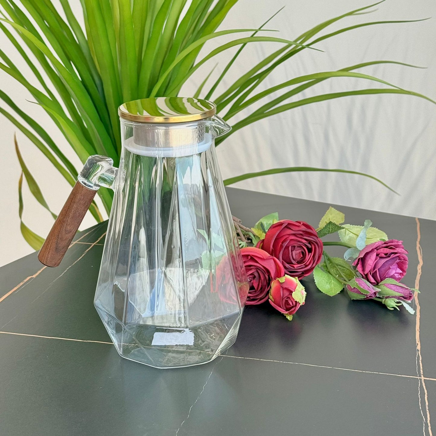 Elegant Diamond-Pattern Glass Pitcher with Wooden Handle