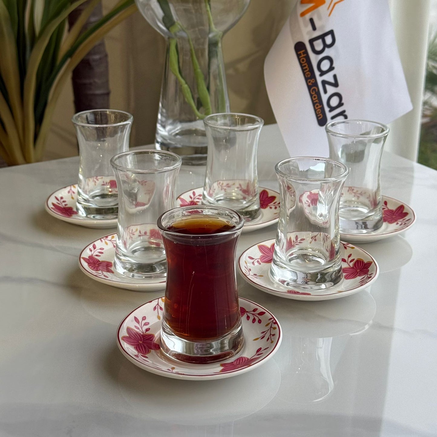 Double-Wall Tea Glass & Floral Saucer Set