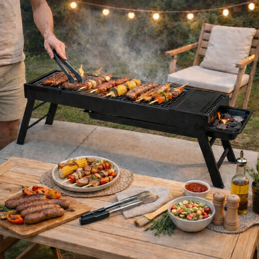 Foldable Portable Charcoal Barbecue Grill with Side Tray