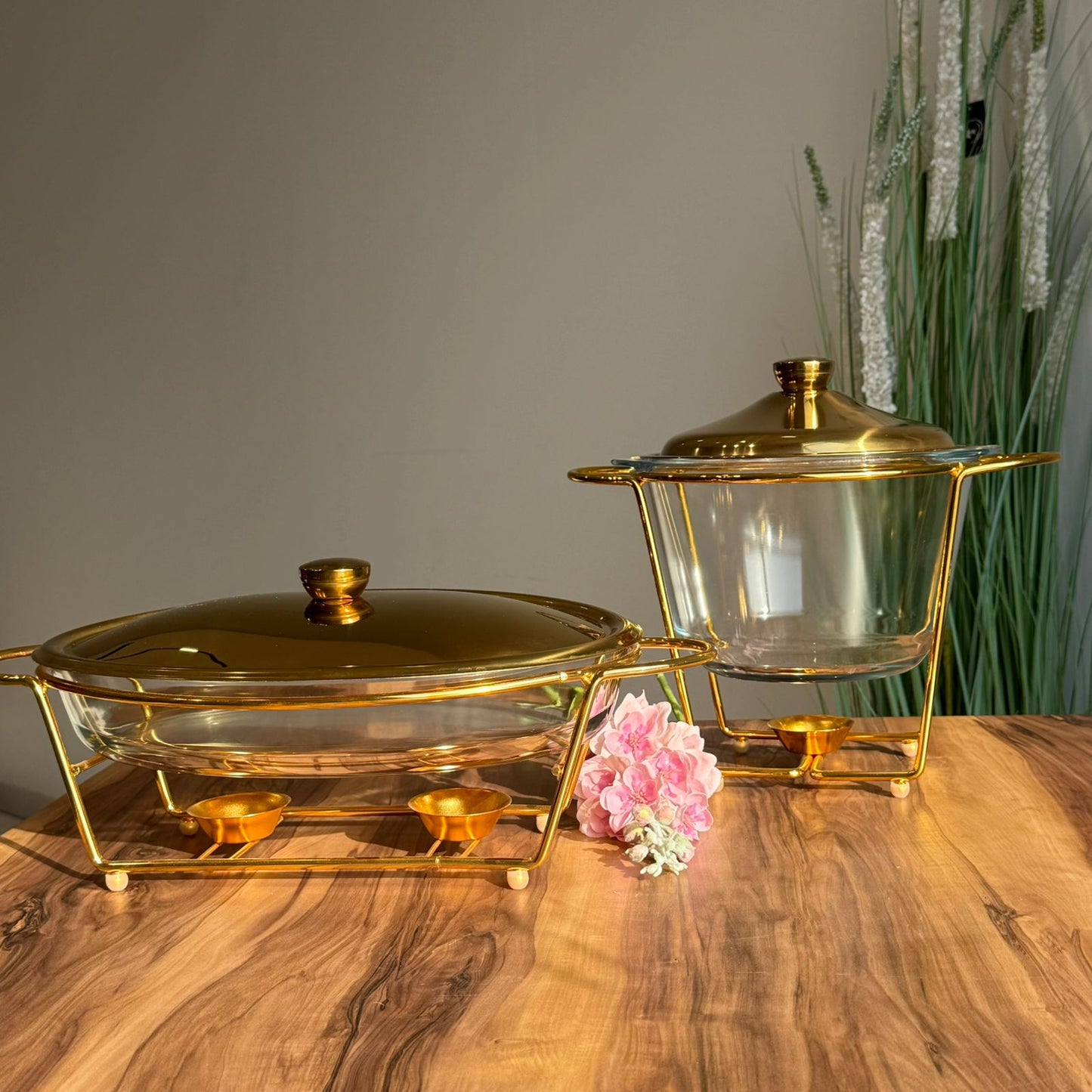 Luxury Gold Glass Chafing Dish Collection – Oval & Round Designs