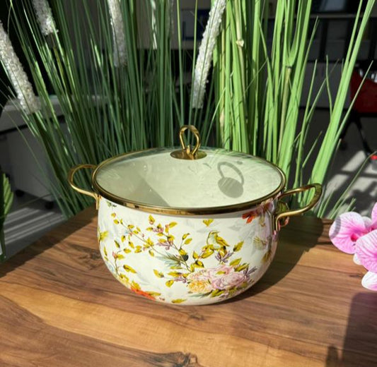 Floral Enamel Gold-Tirm Casserole Pot