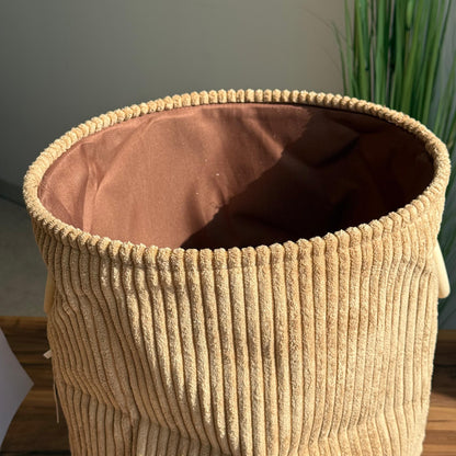 سلة تخزين Corduroy مع مقابض حلقة خشبية