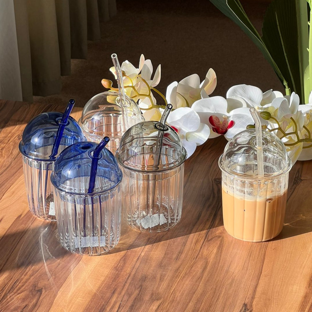 Trasparent Iced Coffee Glass with Bubble Lid and Strew