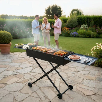 Foldable Barbeque Grill with Side Trays & Wheels