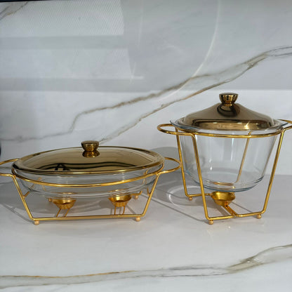 Luxury Gold Glass Chafing Dish Collection – Oval & Round Designs