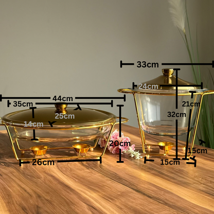 Luxury Gold Glass Chafing Dish Collection – Oval & Round Designs