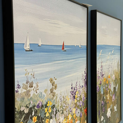 3 قطع - مجموعة لوحات فنية جدارية مؤطرة بمناظر طبيعية زهرية ساحلية