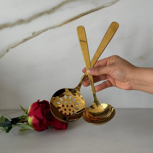 طقم مقشدة ومغرفة من الفولاذ المقاوم للصدأ باللون الذهبي والفضي الفاخر