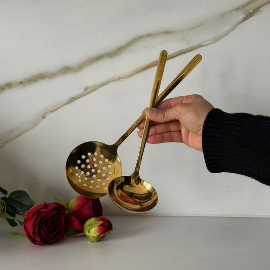 طقم مقشدة ومغرفة من الفولاذ المقاوم للصدأ باللون الذهبي والفضي الفاخر