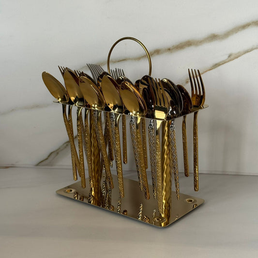 حامل أدوات مائدة فاخر من الفولاذ المقاوم للصدأ باللون الذهبي بمقبض