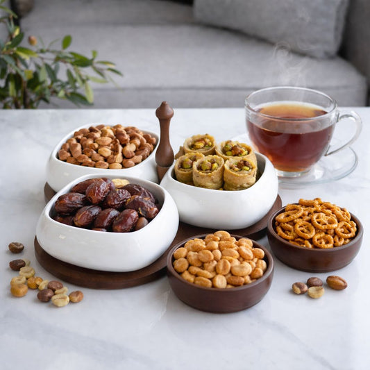 3-Piece Ceramic Serving Bowl Set with Wooden Serving Stand