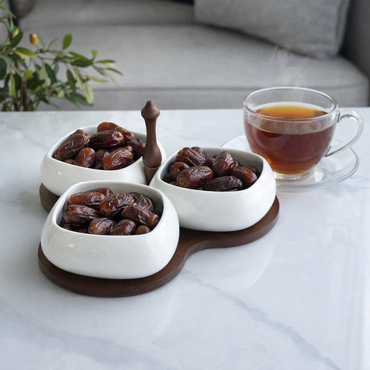 3-Piece Ceramic Serving Bowl Set with Wooden Serving Stand