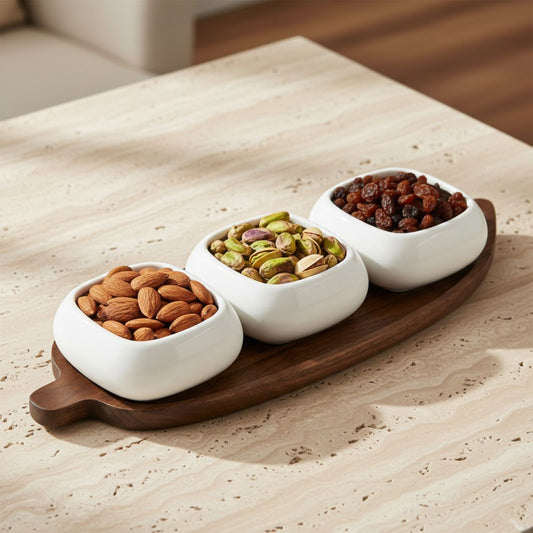 3-Piece Luxury Serving Bowl Set with Wooden Serving Stand
