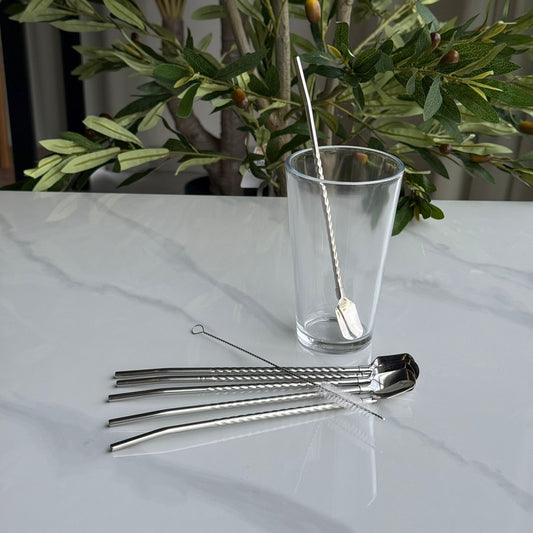 Reusable Stainless Steel Spoon Straws Set with Cleaning Brush