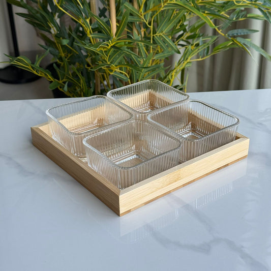 4-Piece Serving Bowl Set with Wooden Serving Tray