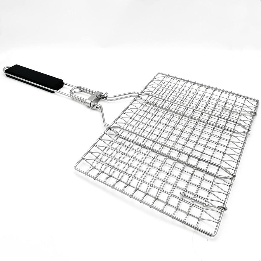 Double-Sided Stainless Steel BBQ Grill Basket with Wooden Handle