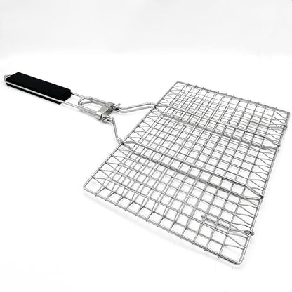 Double-Sided Stainless Steel BBQ Grill Basket with Wooden Handle