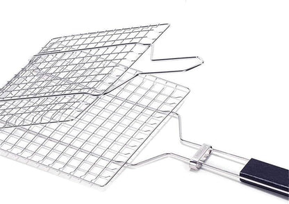 Double-Sided Stainless Steel BBQ Grill Basket with Wooden Handle