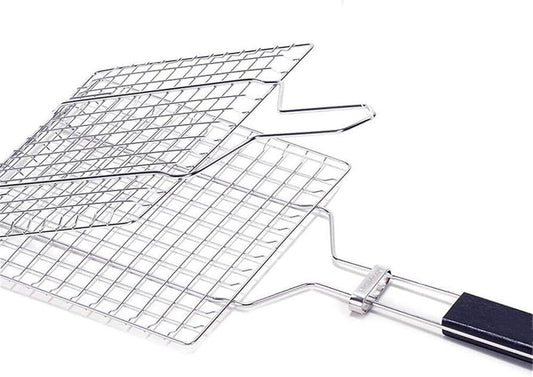 Double-Sided Stainless Steel BBQ Grill Basket with Wooden Handle