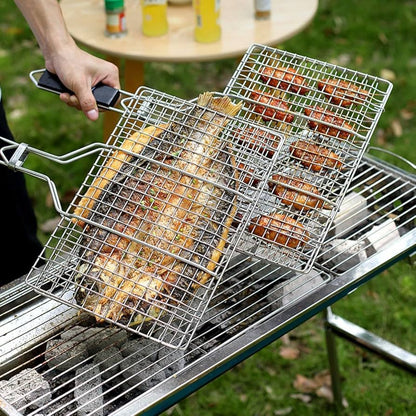 Double-Sided Stainless Steel BBQ Grill Basket with Wooden Handle