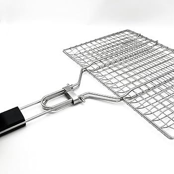 Double-Sided Stainless Steel BBQ Grill Basket with Wooden Handle