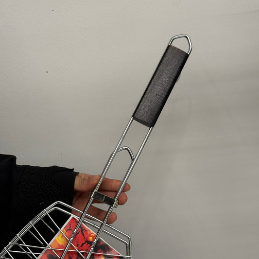 Double-Sided Oval BBQ Grill Basket with Wooden Handle