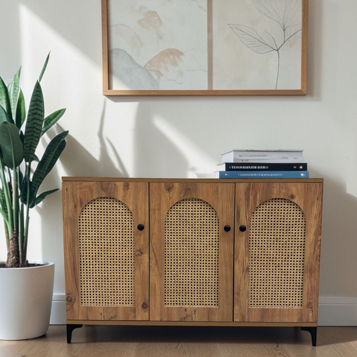 خزانة تخزين متعددة الأغراض من خشب الروطان الطبيعي ببابين وثلاثة أبواب