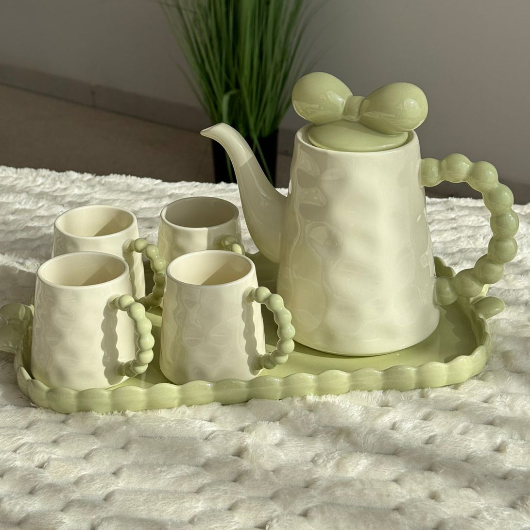 Decorative Ceramic Tea Set with Tray – 8 Pieces