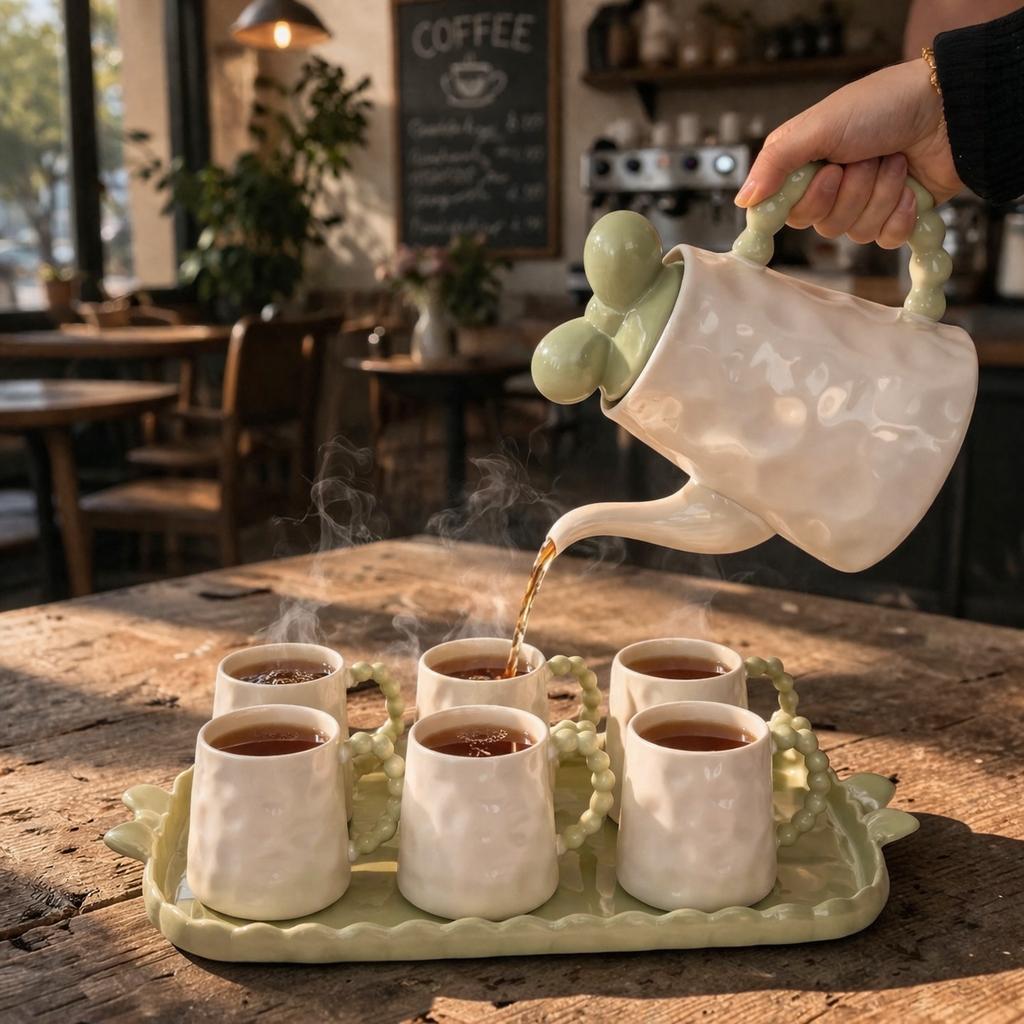 Decorative Ceramic Tea Set with Tray – 8 Pieces