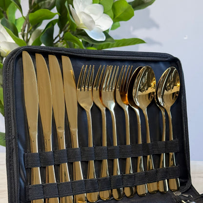 Luxury Gold Stainless Steel Cutlery Set with Portable Storage Case