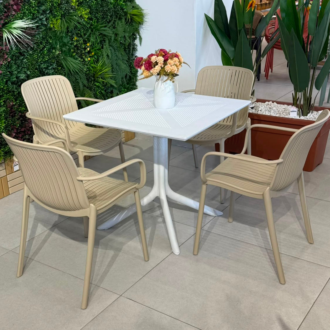 Modern Outdoor Dining Table & Chair Set - White & Beige
