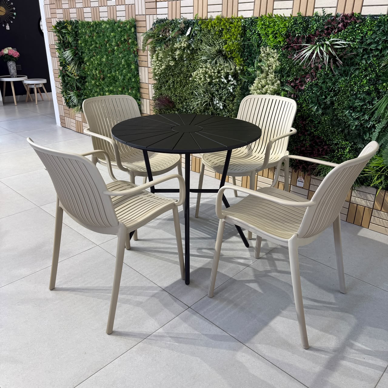 Modern Outdoor Round Table & Chair Set - Black & Beige