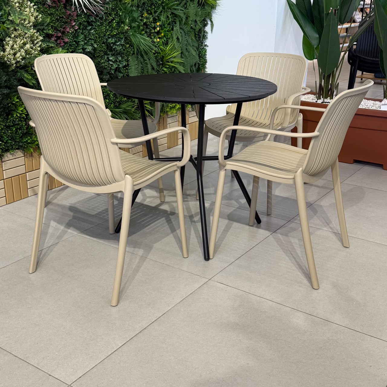 Modern Outdoor Round Table & Chair Set - Black & Beige