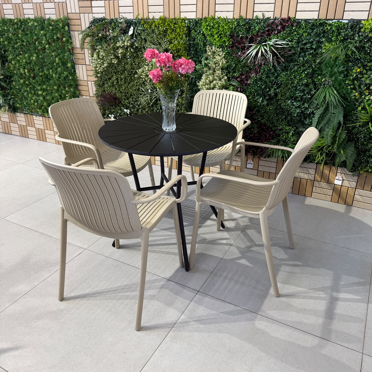 Modern Outdoor Round Table & Chair Set - Black & Beige