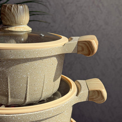 Luxury Granite Non-Stick Cookware Set With Wooden-look handles - 5PCS