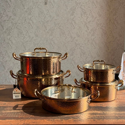 Royal Hammered Copper-Finish Cookware Set with Glass Lids - 5PCS