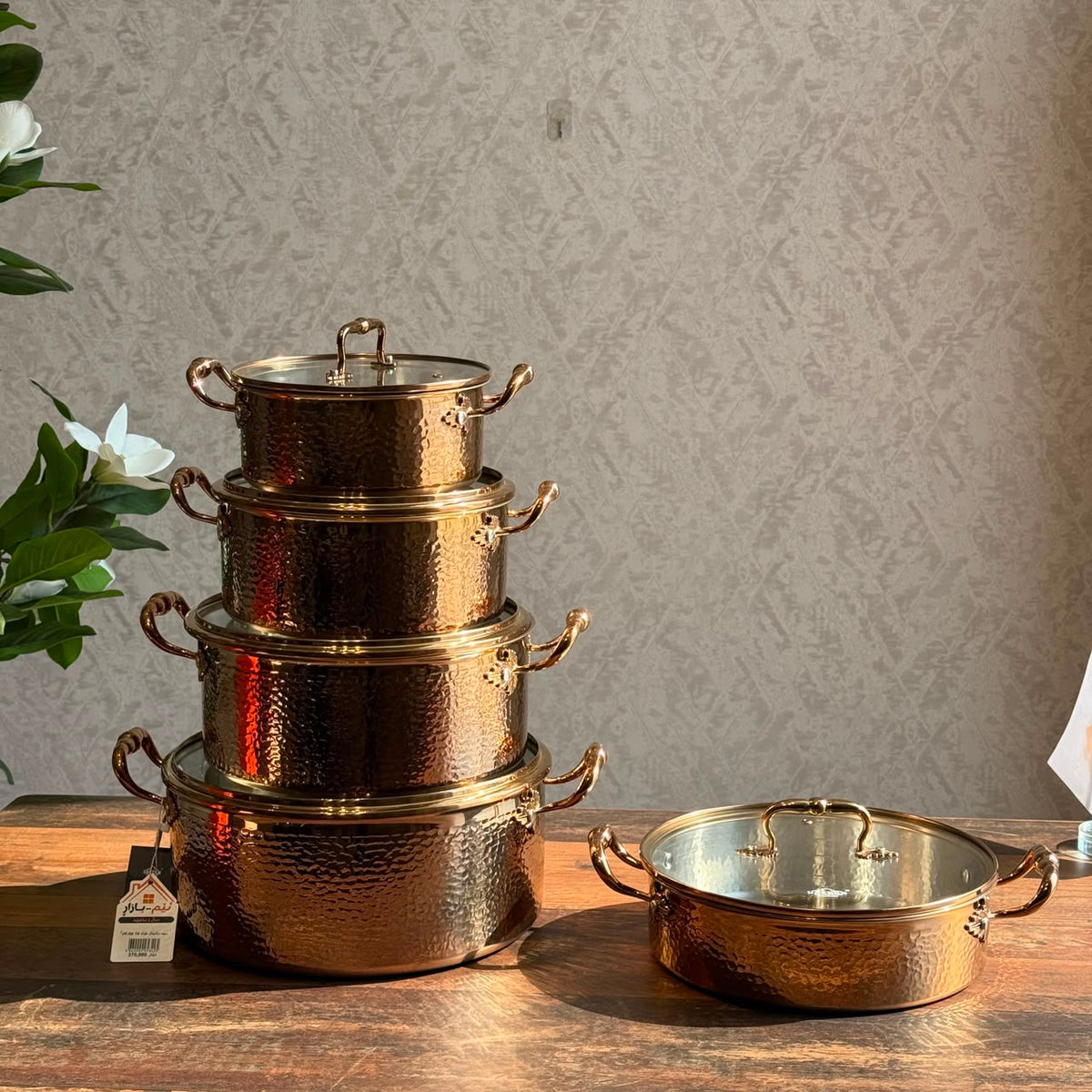 Royal Hammered Copper-Finish Cookware Set with Glass Lids - 5PCS