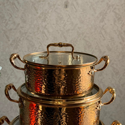 Royal Hammered Copper-Finish Cookware Set with Glass Lids - 5PCS