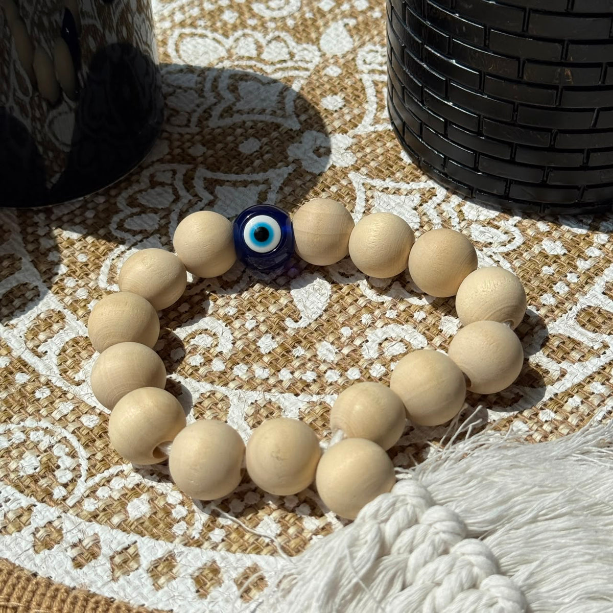 Boho Wooden Bead Garland with Blue Eye