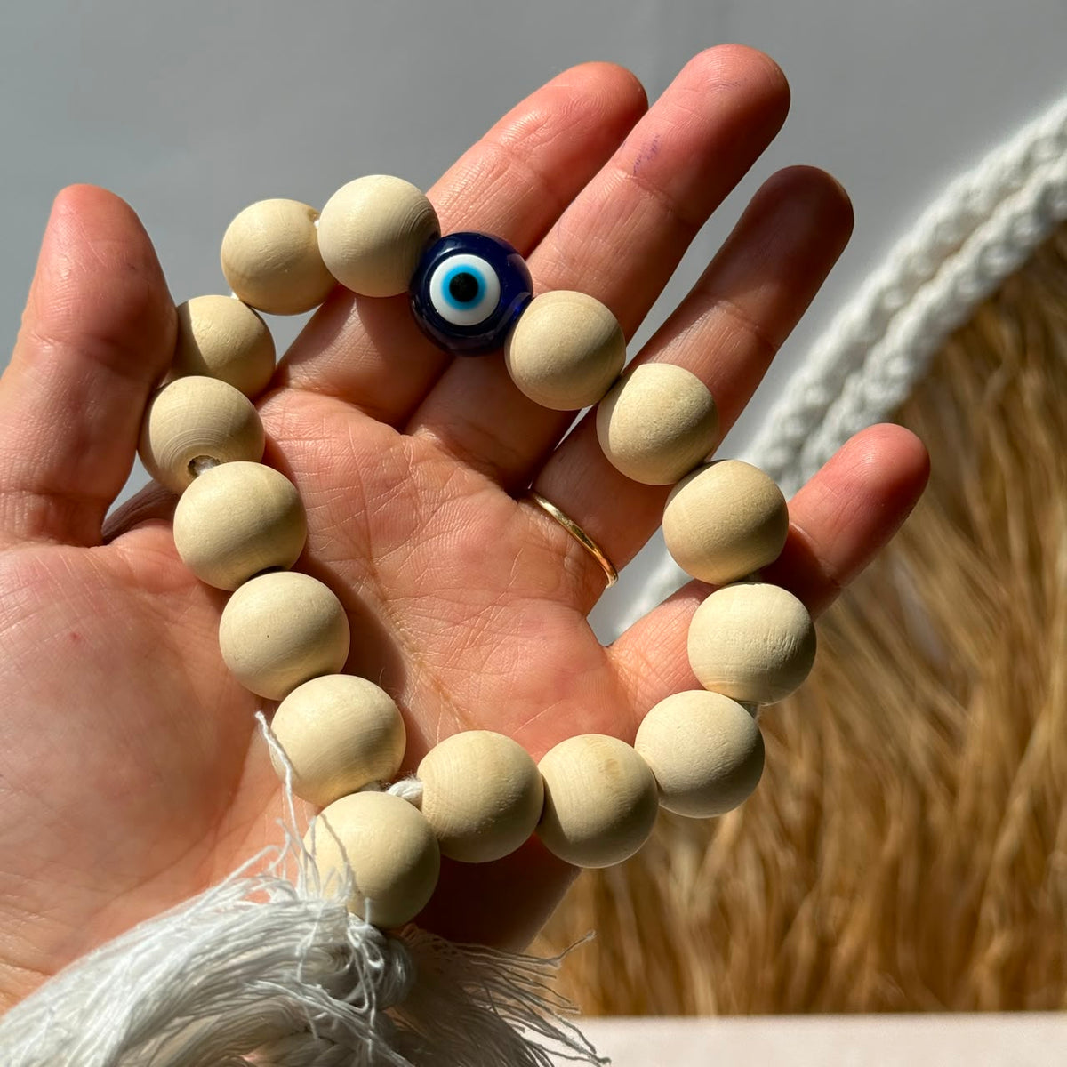 Boho Wooden Bead Garland with Blue Eye