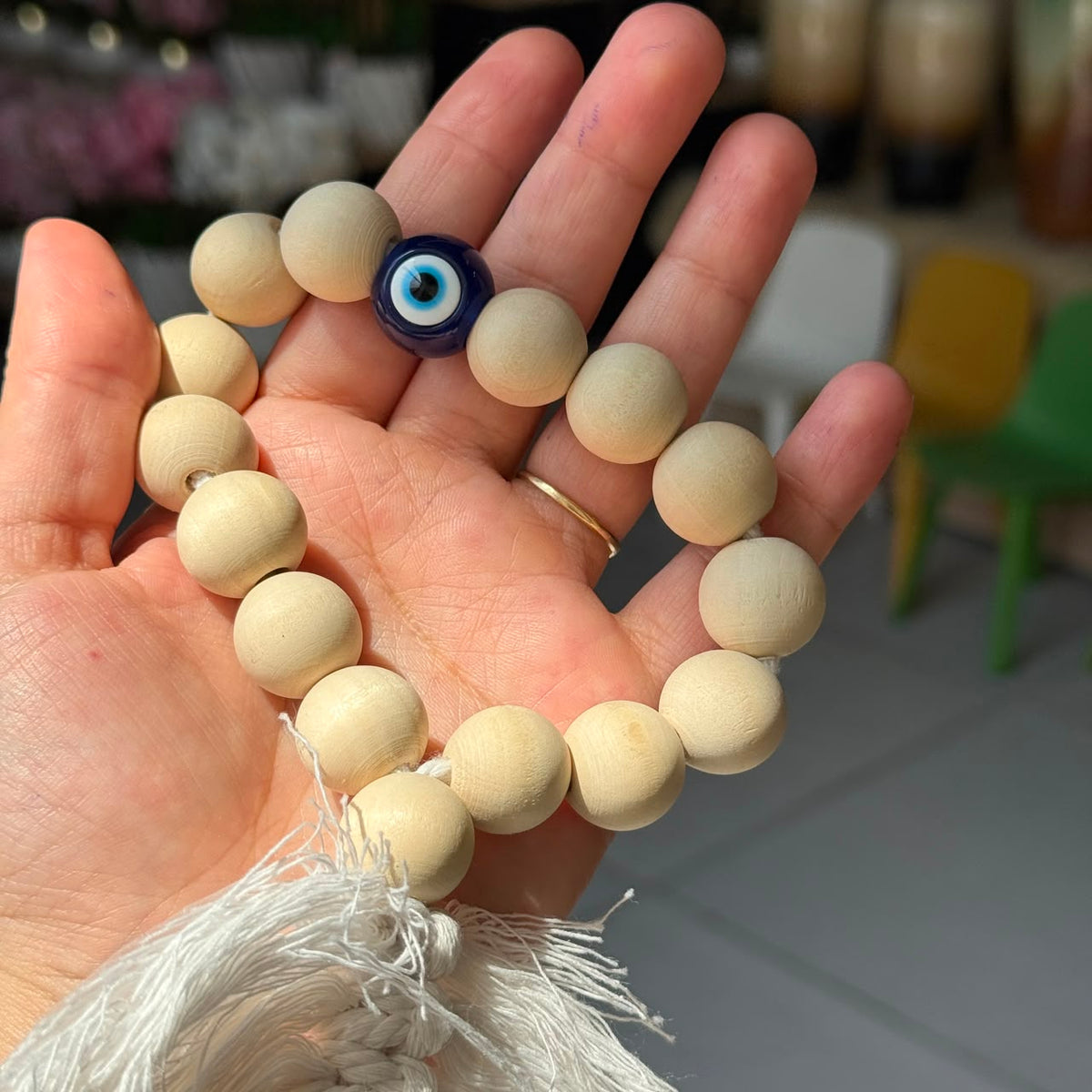 Boho Wooden Bead Garland with Blue Eye