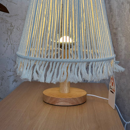 Handcrafted Boho Macrame Table Lamp with Fringe Trim & Natural Wood Base